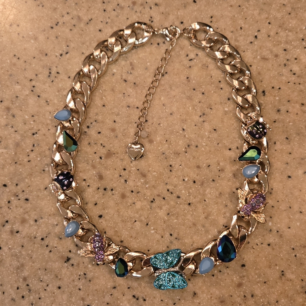NWOT Betsey Johson Butterfly Bug Gold Necklace with Multicolor Rhinestones